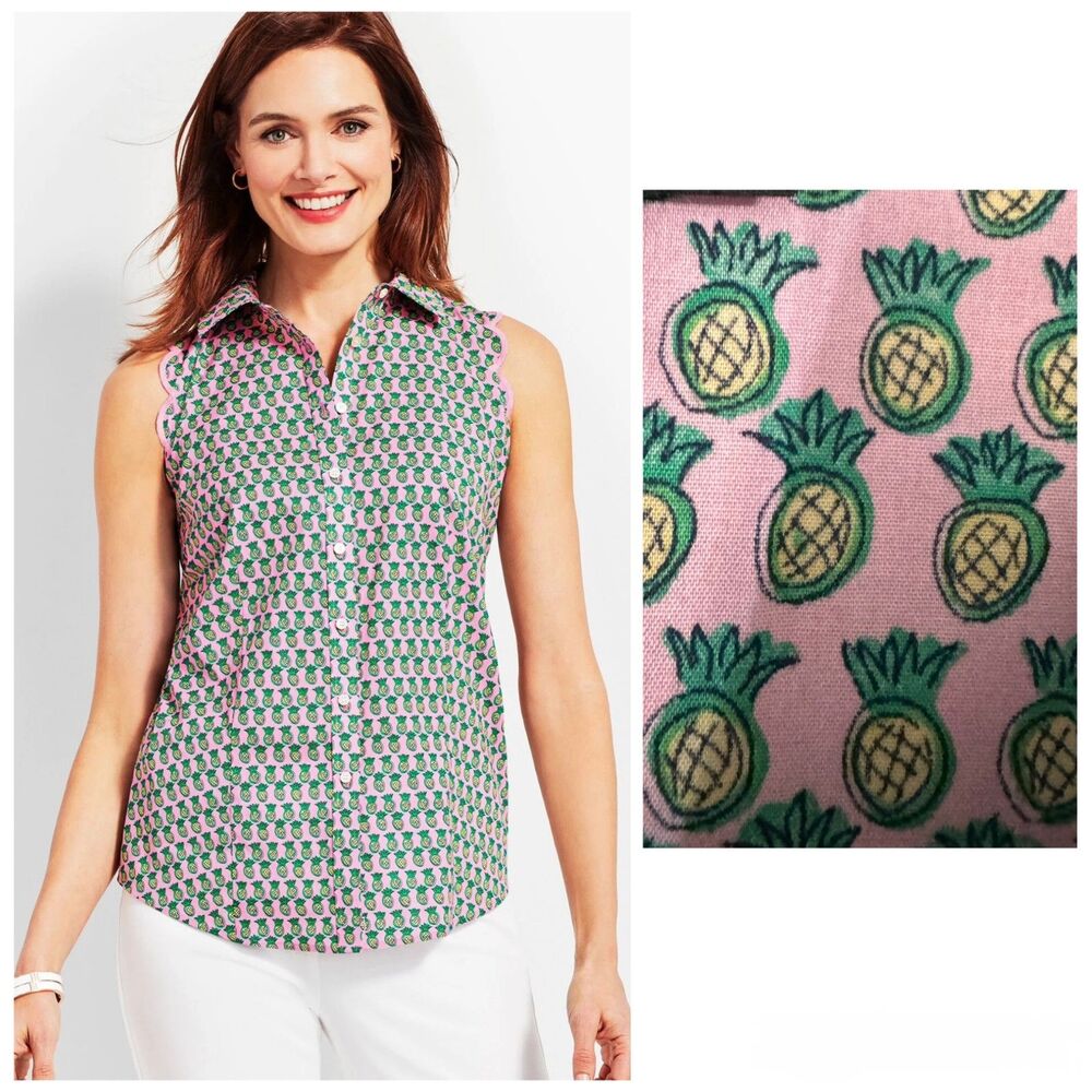 TALBOTS Womens Size 2 Dancing Pineapples No-Iron Shirt Blouse Breathable Cotton